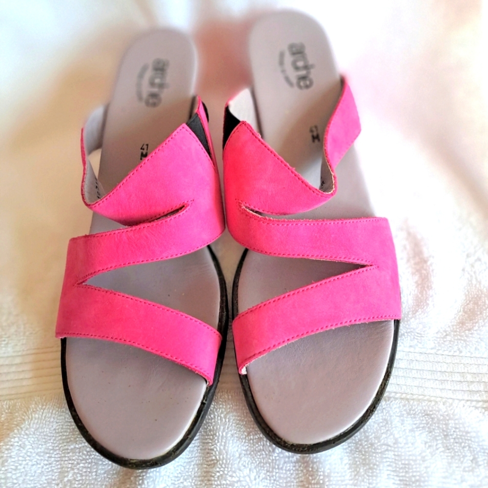 Arche PAPOU Pink Nubuck Leather Wedge Sandals Slides - US 10.5 / EU 41